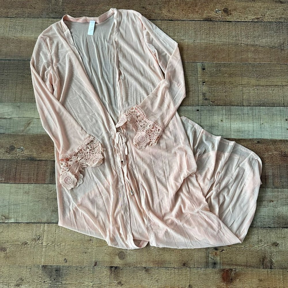 Peach pink sheer lightweight tie front maxi robe with lace detail